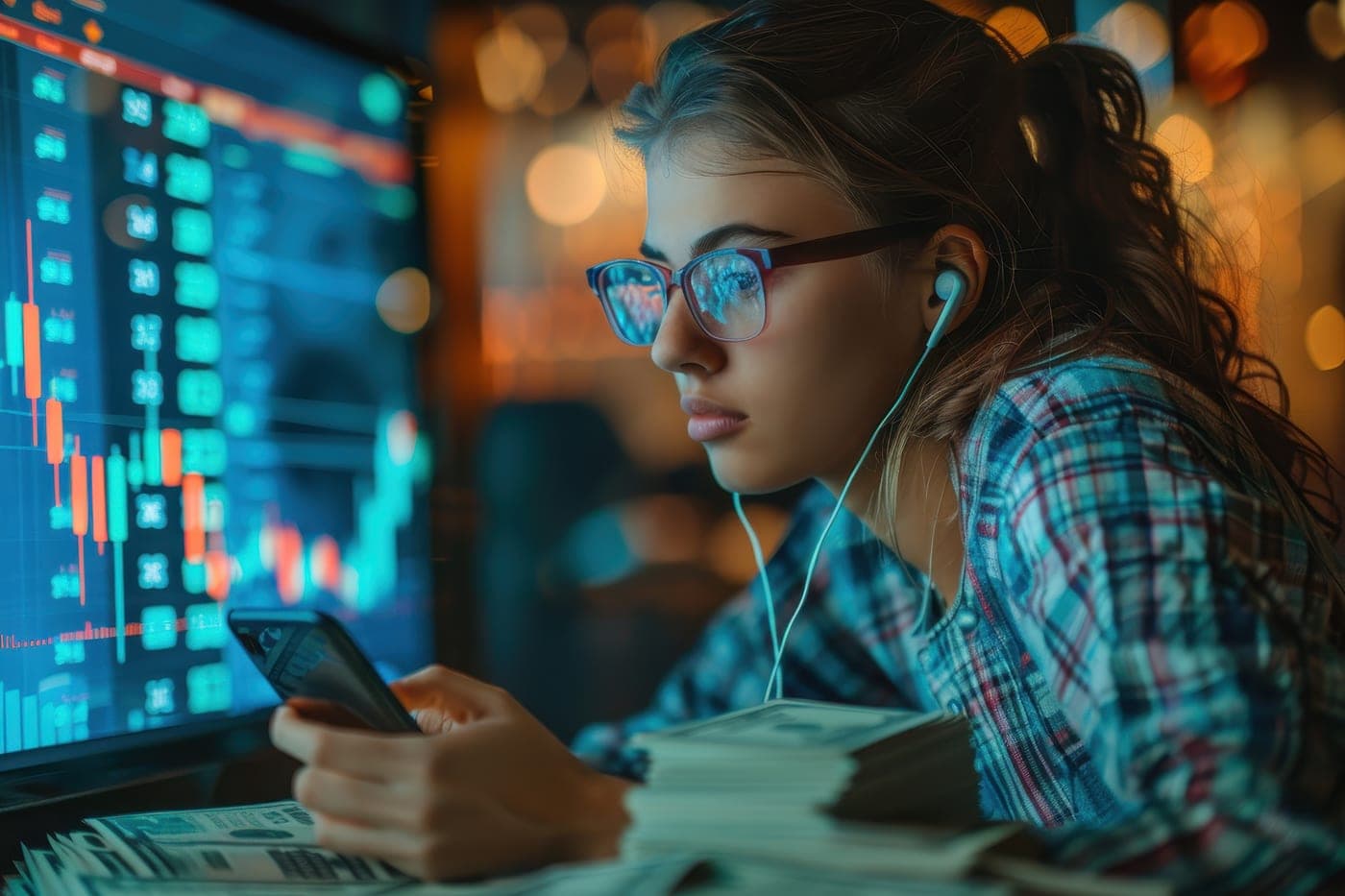 A young investor reading the markets on her phone